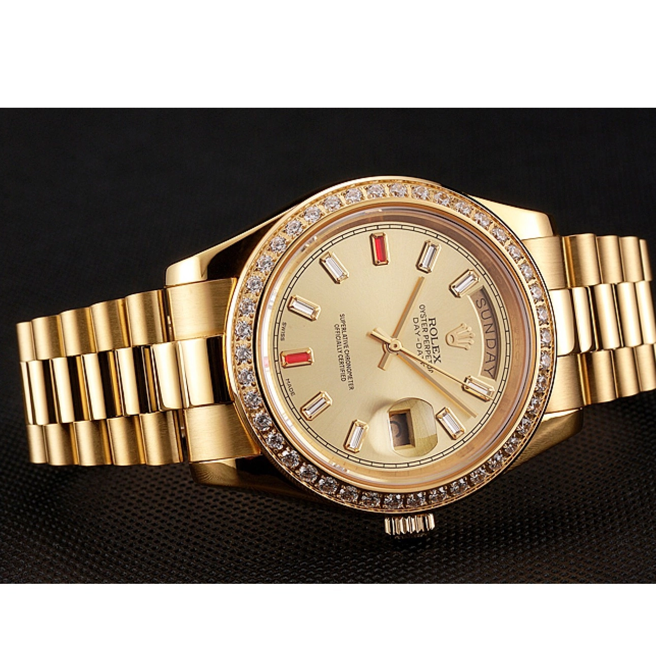 Aaa replica watch 1454100 And Champagne Day-Date Rubies Gold Rolex Diamonds Dial Bracelet Swiss 0702